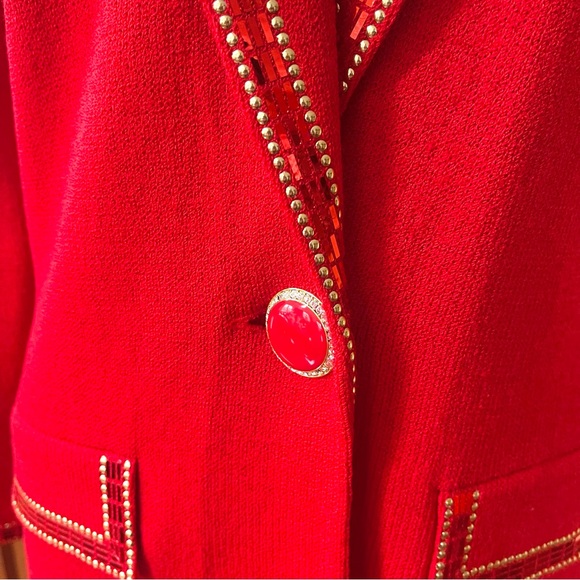 St.John Elegant Embellished Knit Cardigan Jacket In Bright Strawberry Red Color - Picture 4 of 13